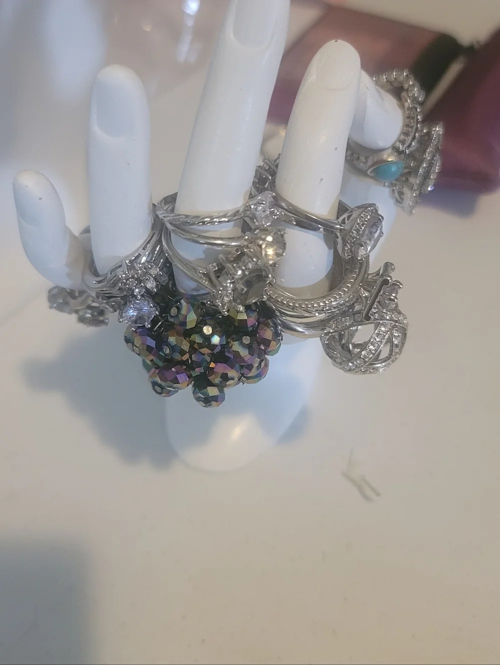 Silver Tone Statement Ring Lot | Mixed Sizes CZ Turquoise Cocktail Rings - Picture 2 of 6